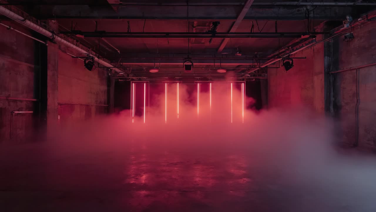 An empty industrial room with neon lights and smoke