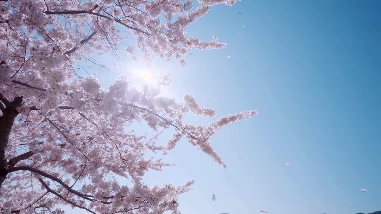 澄み渡る青空を背景に、花びらが優しく舞い落ちる桜のローアングルビデオ。
