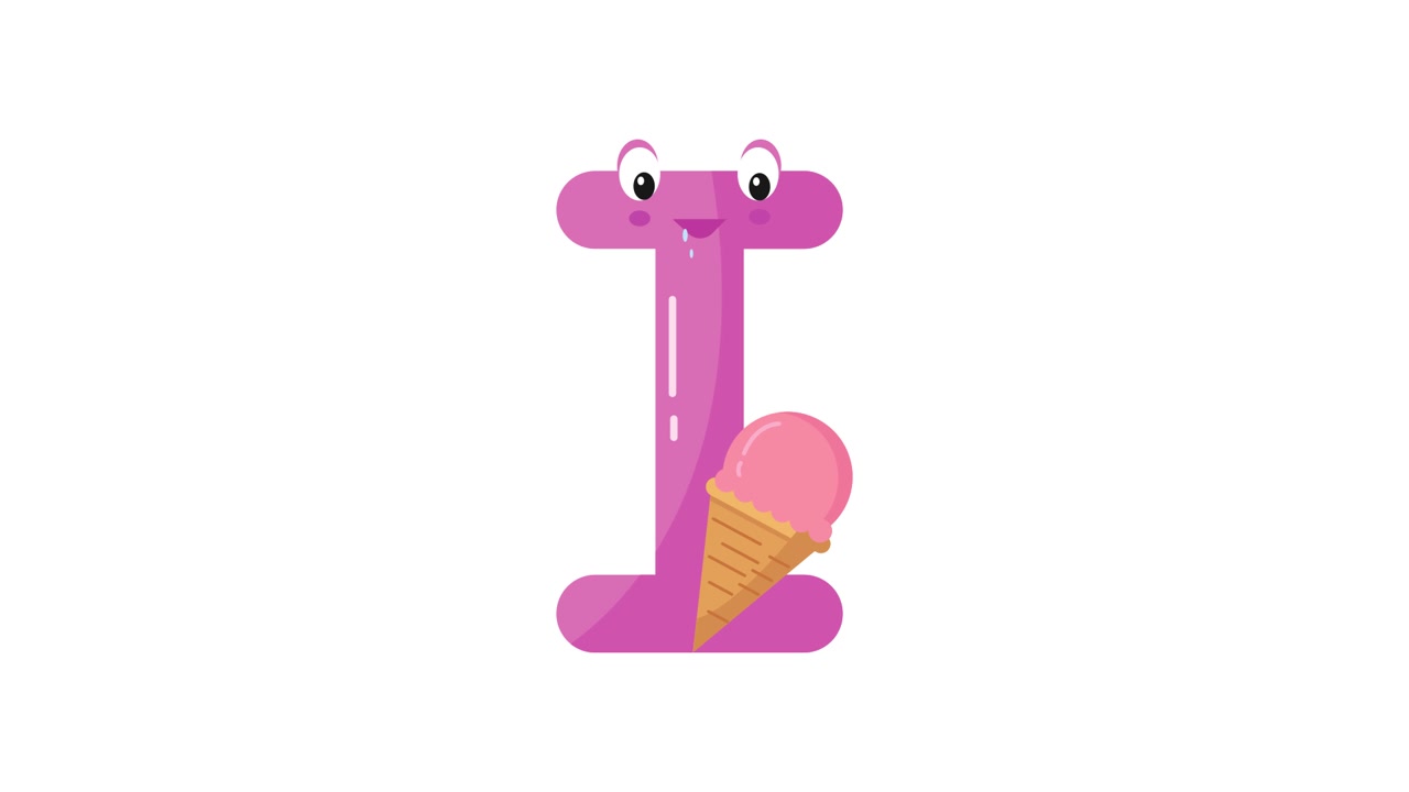 Personaggio animato lettera I rosa che mangia un gelato