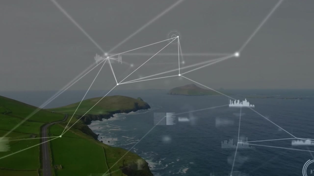 Overlay che sfuma su scogliere e mare, con nodi che si collegano e cluster che convergono, mostrando la connettività.