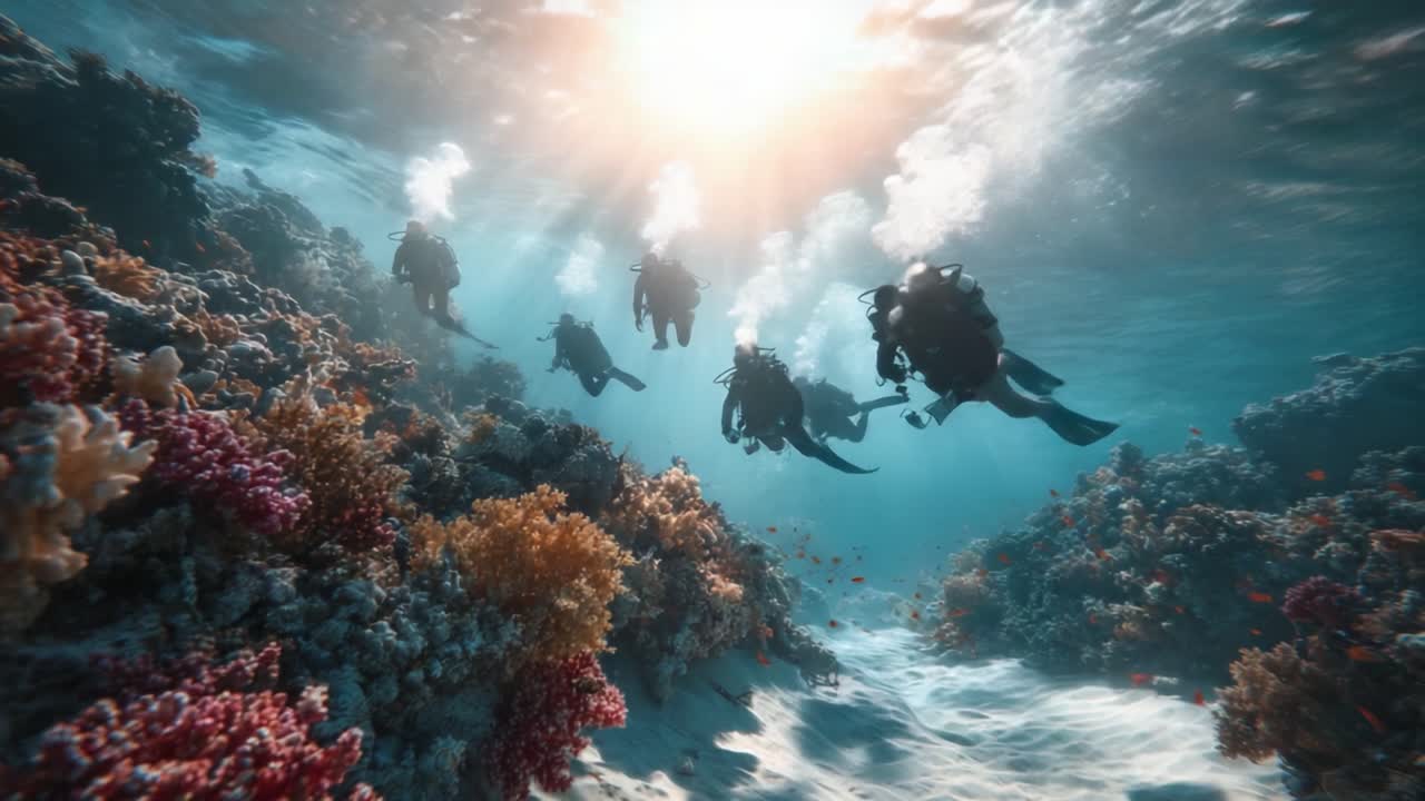 Exploration de récifs coralliens vibrants : un groupe de plongeurs au cœur de l'écosystème sous-marin, baigné de lumière du soleil et entouré de vie marine.