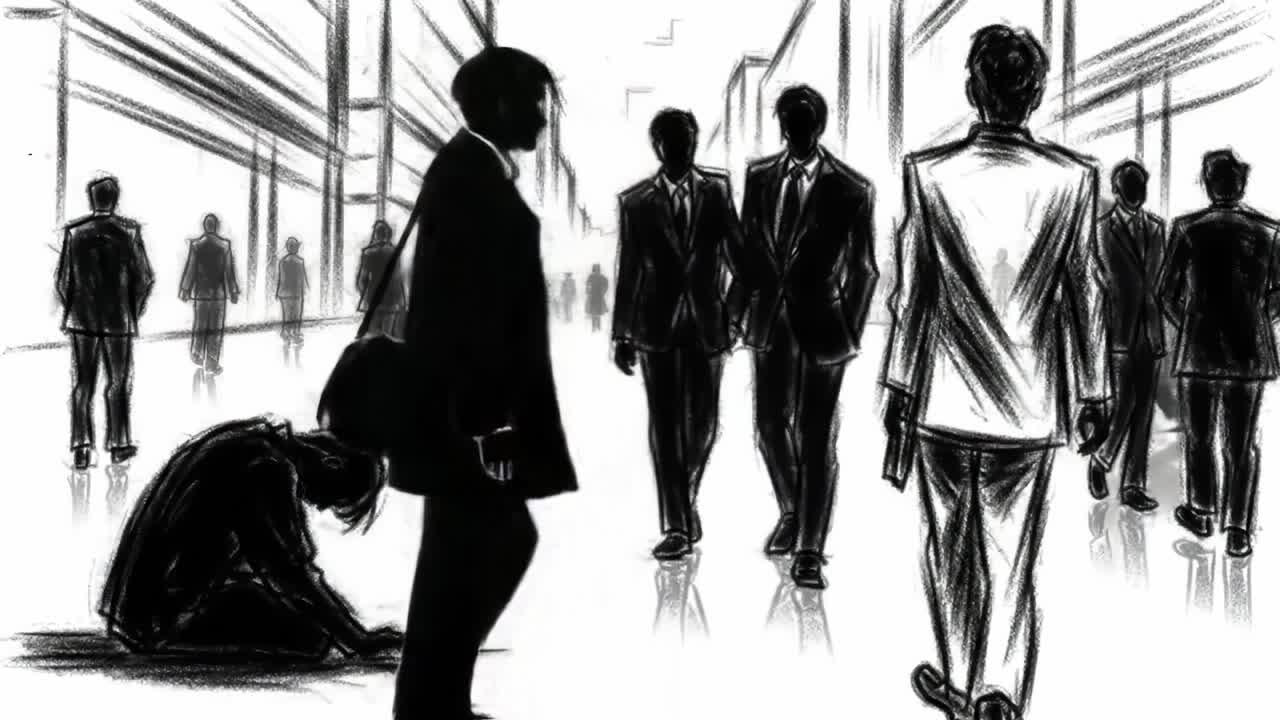 A Powerful Visual Contrast: A Lone Figure in Distress Amidst a Sea of Business Professionals, Evoking Themes of Isolation and Social Disconnect in a Modern Urban Setting