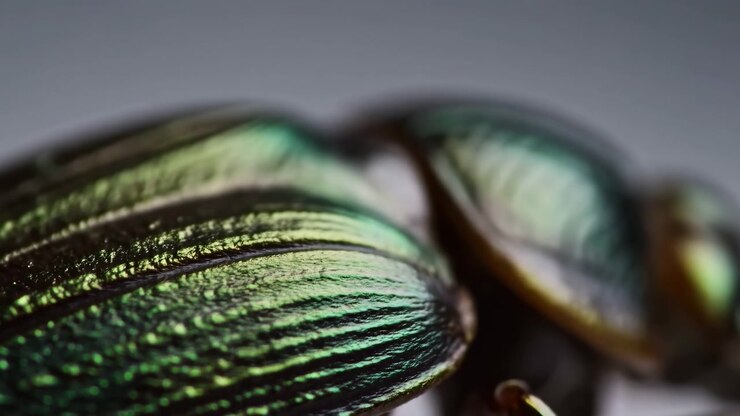 Closeup motion of iridescent beetle elytra with changing focus across raised ridges, shimmering green teal reflections, shallow blur, and natural organic surface texture under soft light