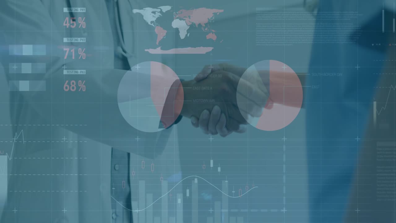 Donna che estende il braccio mentre un uomo in camice entra e le stringe la mano, con grafici a barre che sovrappongono una partnership medica.