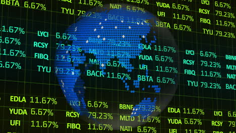 animation of rotating digital globe, with financial shares data processing on interface