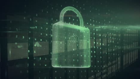 animation of padlock with data processing in background