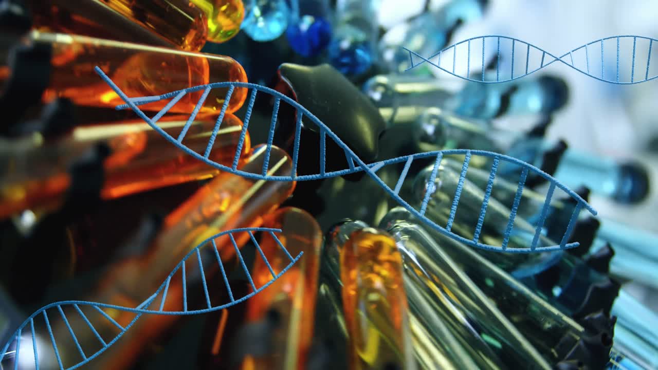 Multiple dna structures spinning against multiple test tubes in centrifuge spinning at laboratory