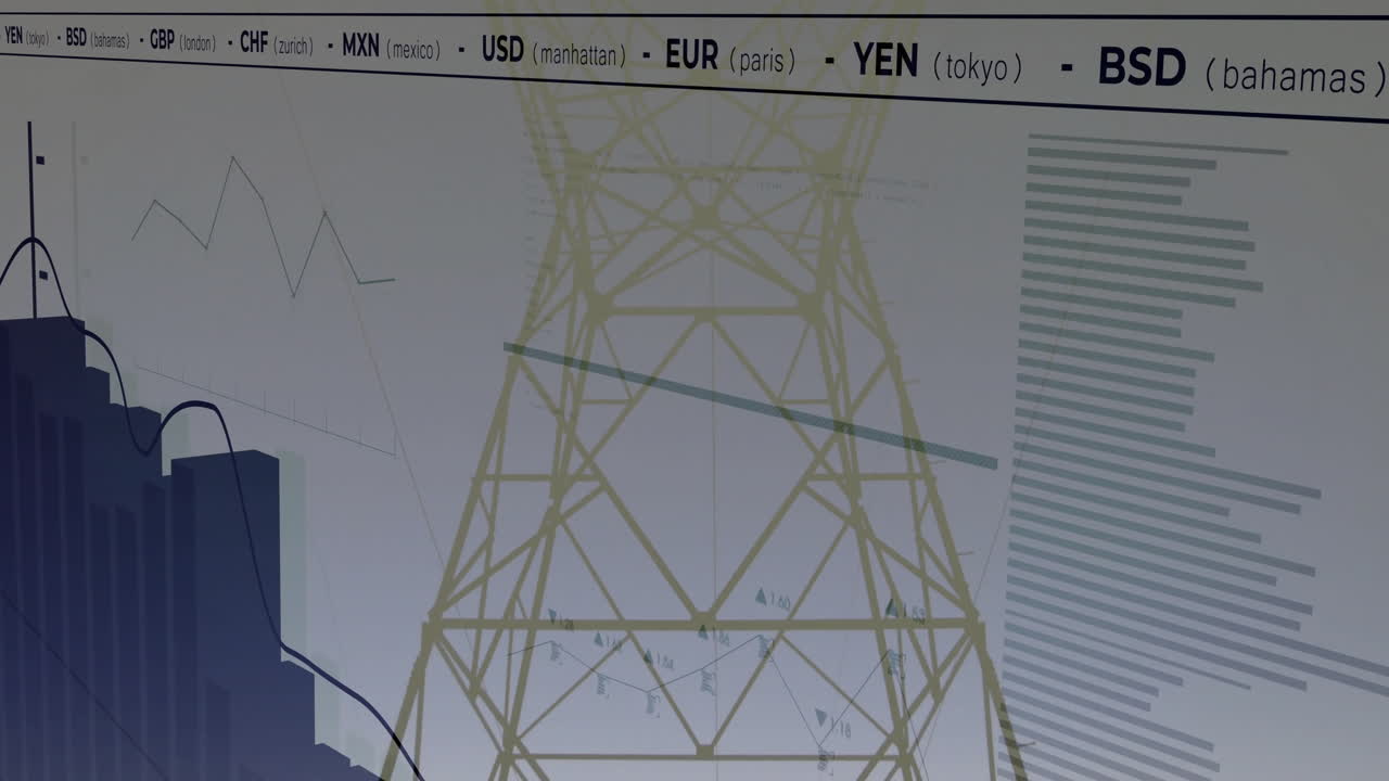 Stylized power pylon being animated in infographic, featuring blue, teal charts and currency codes