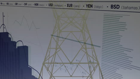 stylized power pylon being animated in infographic, featuring blue, teal charts and currency codes