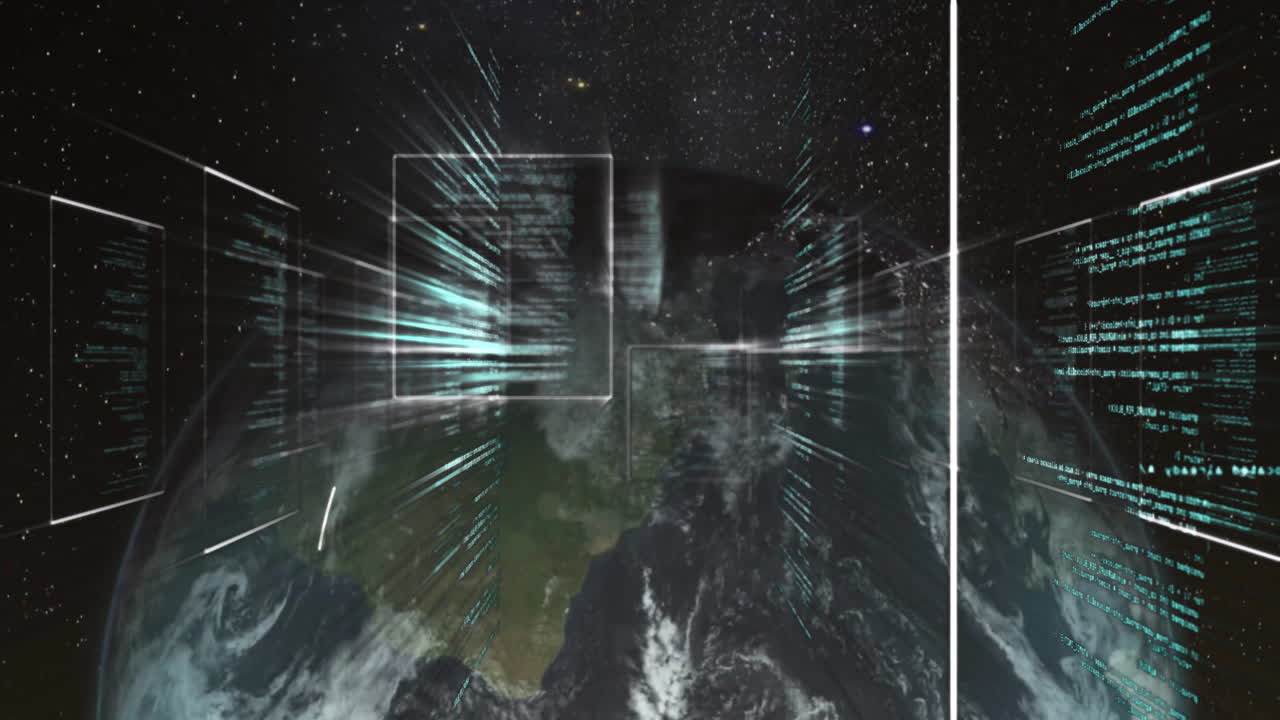 Animation of digital data streams and geometric shapes overlaying Earth from space