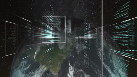 animation of digital data streams and geometric shapes overlaying earth from space