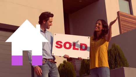 animation of house icon filling pink, over happy couple outside house with sold sign