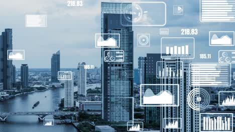 business data analytic interface fly over smart city showing alteration future