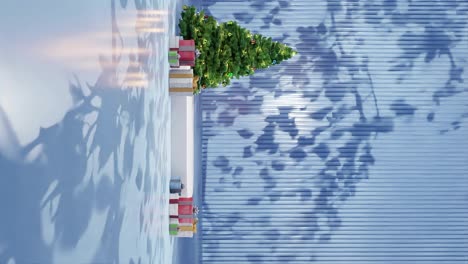 christmas tree with ornaments and wrapped presents on a green floor against a blue background