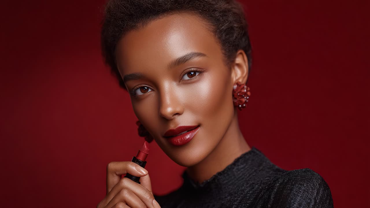 Captivating Beauty: A Woman Exudes Confidence and Elegance While Applying Lipstick Against a Rich Red Background