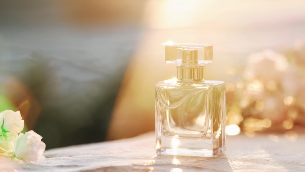 Elegante flacone di profumo su una superficie di pietra con fiori in sfocatura