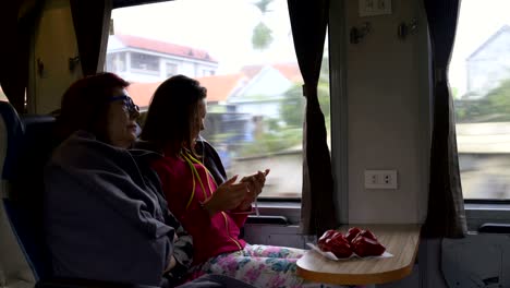 women are sitting on the train. on the table lay malayan apples