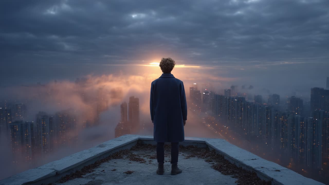 A solitary figure stands on a rooftop, silhouetted against a vibrant sunset illuminating a mist-covered city skyline, embodying a moment of reflection and serenity amidst urban chaos