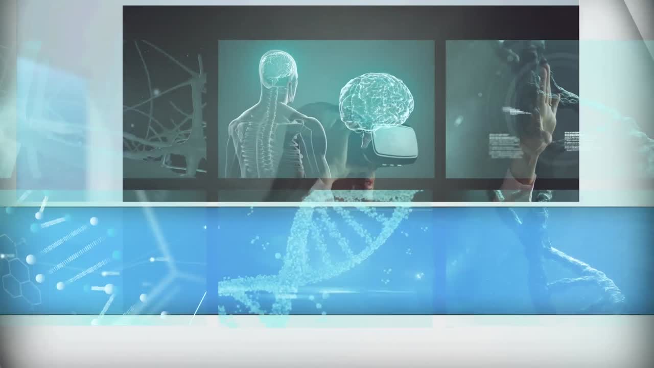 VRヘッドセットを装着した女性の上を覆う、科学データ処理を行うスクリーンアニメーション