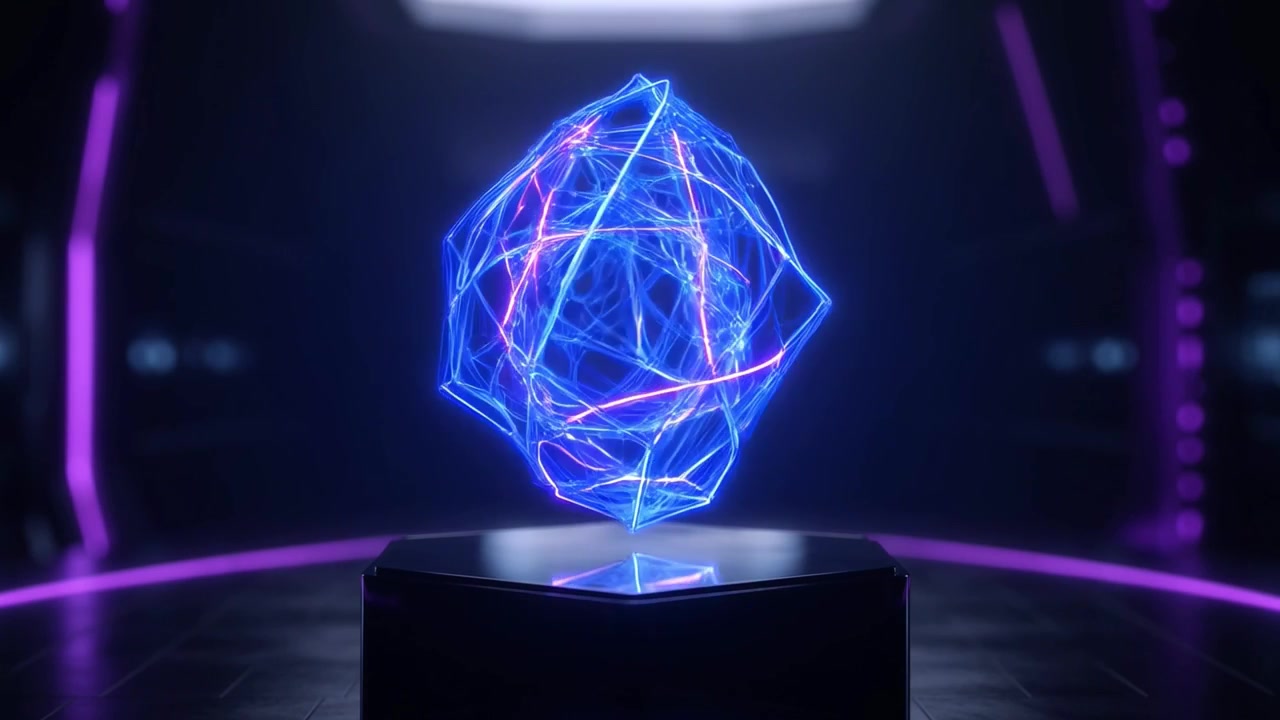 Rotating Neon Geometric Shape on a Pedestal in a Futuristic Environment