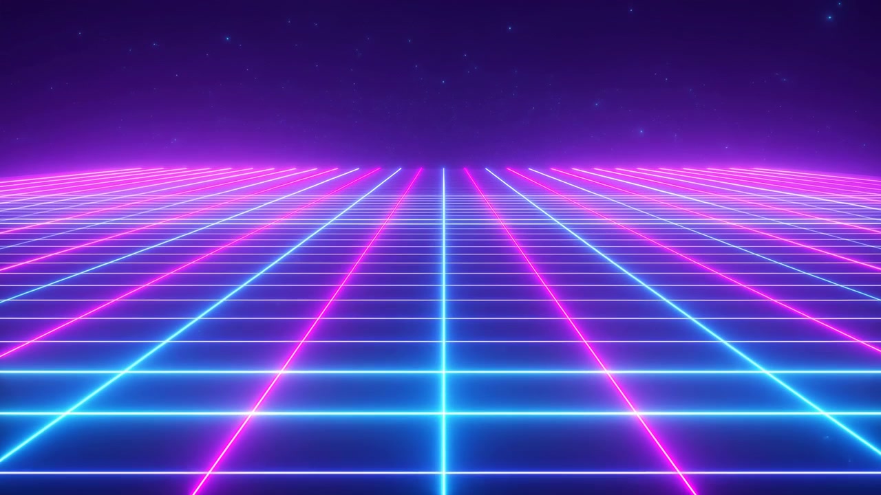 Paesaggio al neon a bassa angolazione con pavimento a griglia riflettente, linee ciano e magenta, cielo viola, bagliore luminoso dell'orizzonte e campo stellare che creano una profonda prospettiva futuristica, uno sfondo astratto pulito.