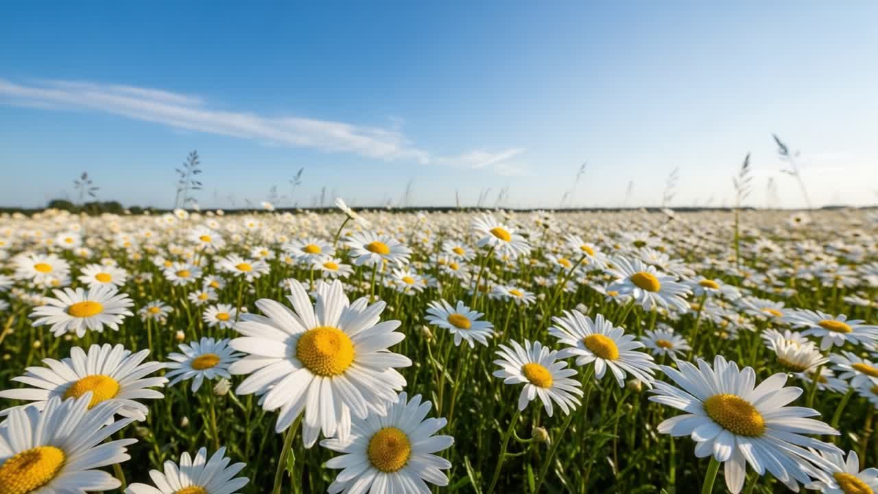 A Beautiful Field of Daisies Under a Clear Blue Sky, Capturing the Serene Essence of Nature's Wonders in Full Bloom Amidst a Tranquil Landscape