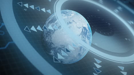 Animation of digital globe with futuristic data processing graphics and arrows