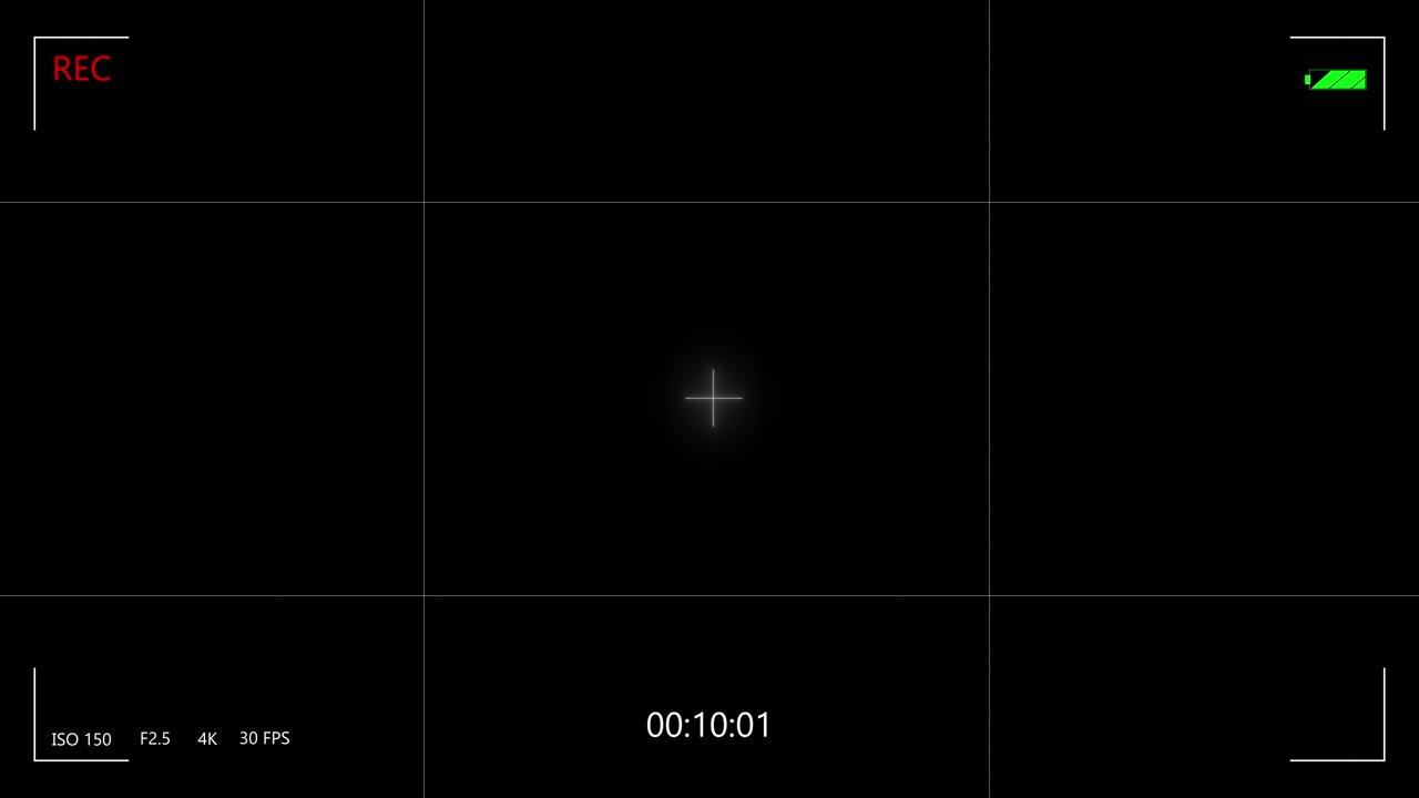 Immagine sovrapposta di mirino video nero con indicatore di registrazione, angoli della cornice, stato della batteria e centrale
