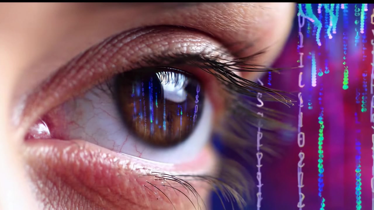 Close-up of Human Eye Reflecting Digital Binary Code Data