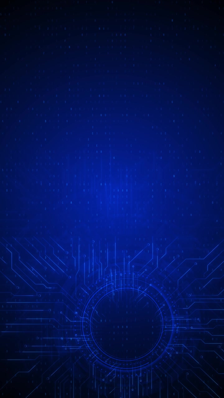 Interfaccia tecnologica blu scuro, HUD circolare spaziale, percorsi di circuito, dettagli di codice digitale, area tecnologica pulita.