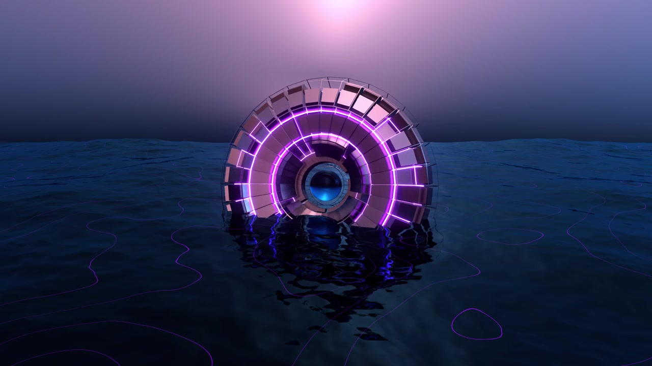 Futuristic Metallic Portal Submerged in a Dark Neon Ocean