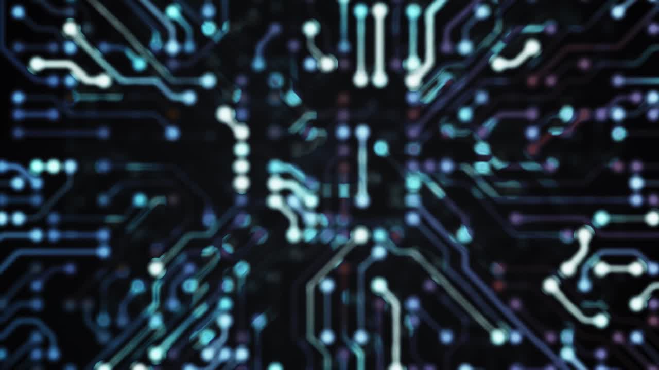 Flying through electronic circuit. Technology concept. Looping animation.