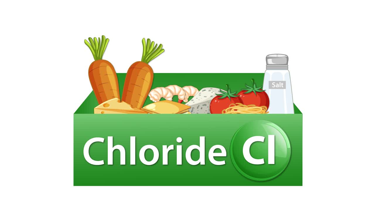 Green chloride mineral box gradually fills with illustrated vegetables, cheese, eggs, salt, smooth camera movement