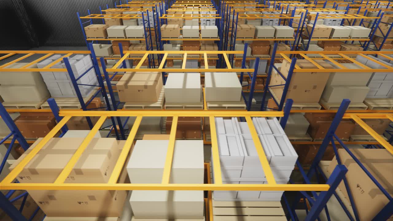 almacén con cajas de cartón en el interior en estantes de paletas, centro logístico. loft almacén moderno. cajas de cardboard en una cinta transportadora en un almacén, animación de renderización 4k 3d.