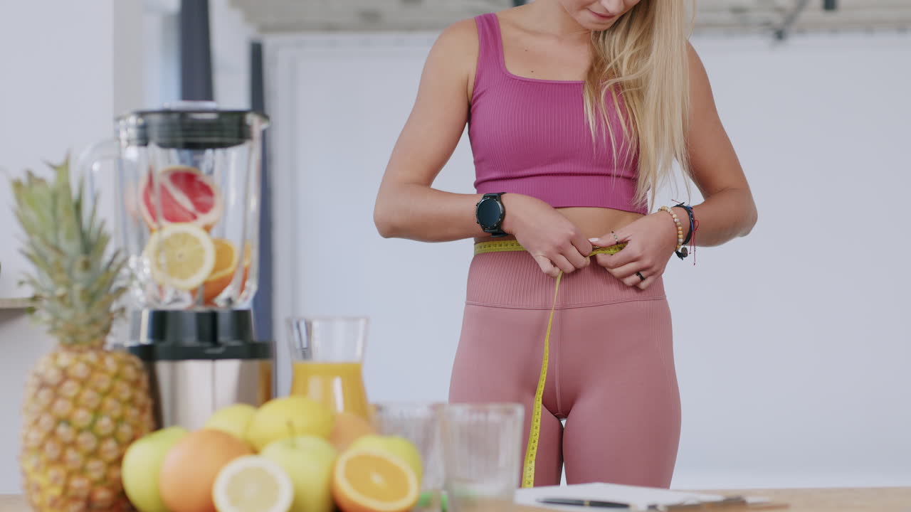 Blonde woman in workout clothes measures waist next to fruit mixer