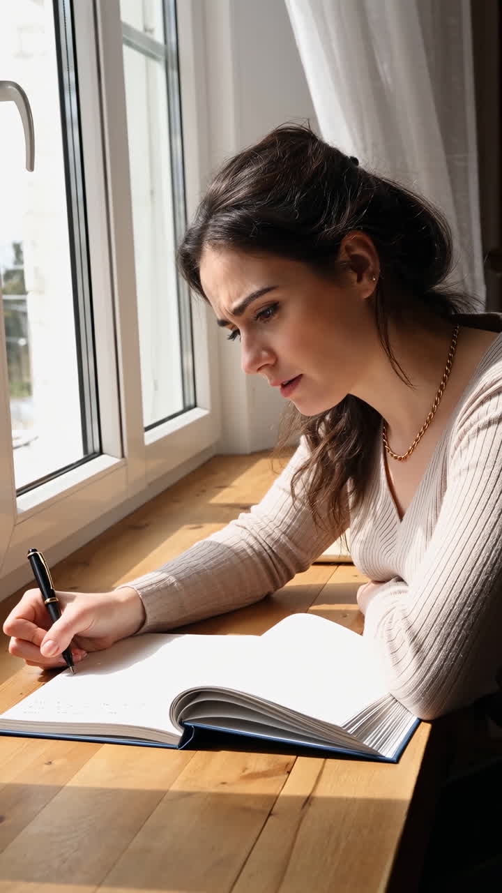 Woman Writing in a Notebook by a Sunny Window