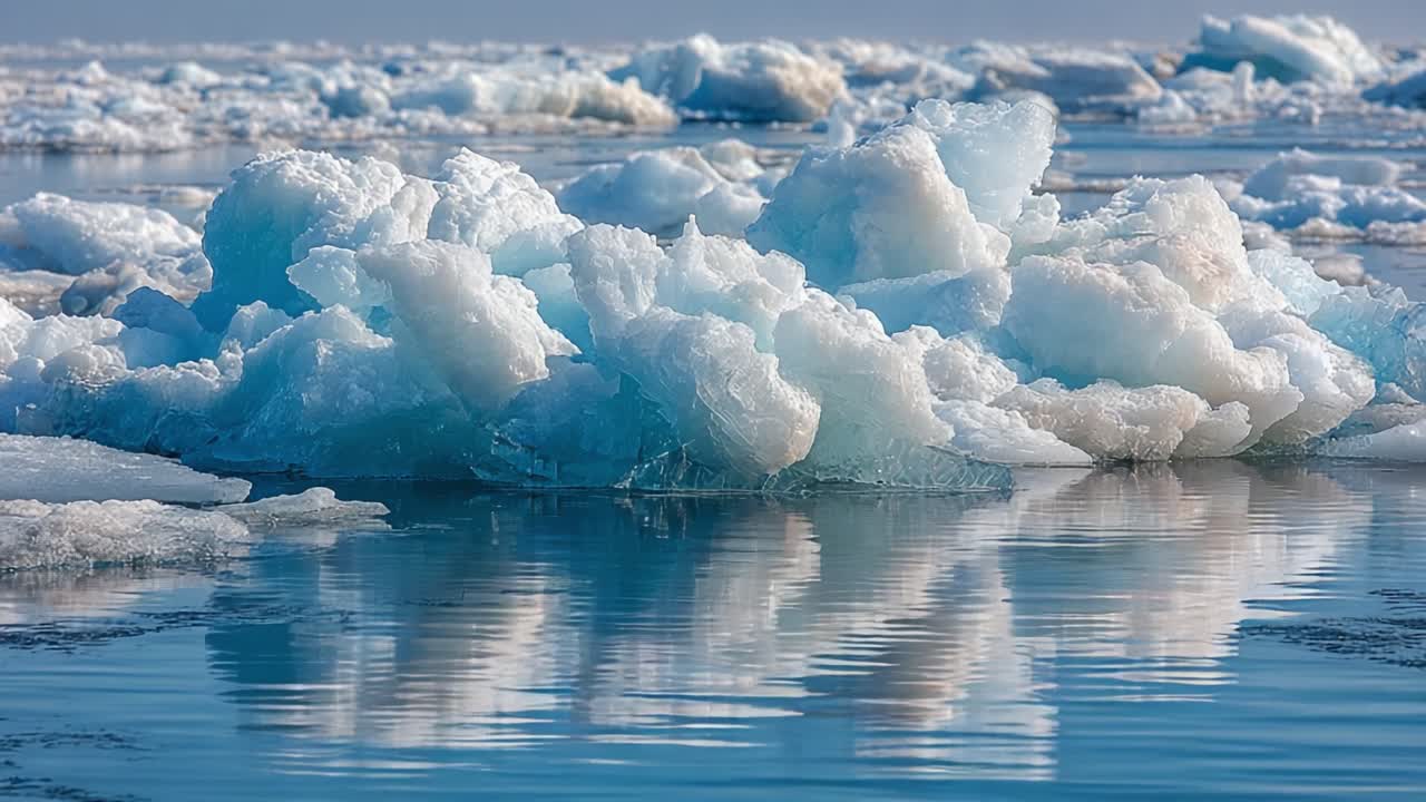 Glistening Icebergs in Calm Waters Reflecting a Beautiful Blue Sky, Showcasing Nature's Marvels and the Serenity of the Arctic Environment