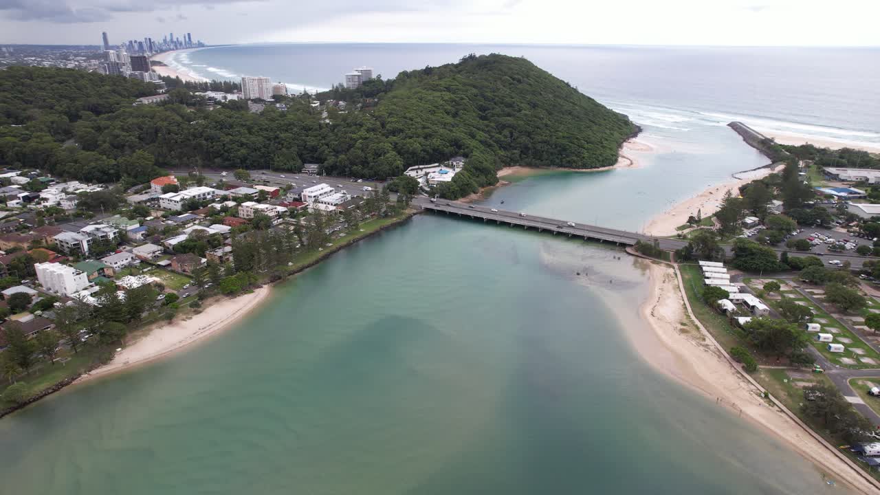 Cars Driving Across The Tallebudgera Bridge Over The Creek In Gold Coast, QLD, Australia. - aerial shot