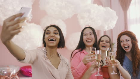 Front-View-Of-Group-Of-Friends-Taking-A-Selfie-At-A-Bachelorette-Party