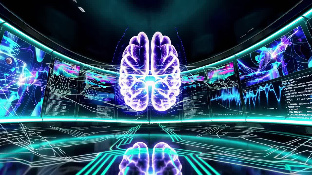 Futuristic video concept of a glowing brain in a digital lab, wide-angle perspective