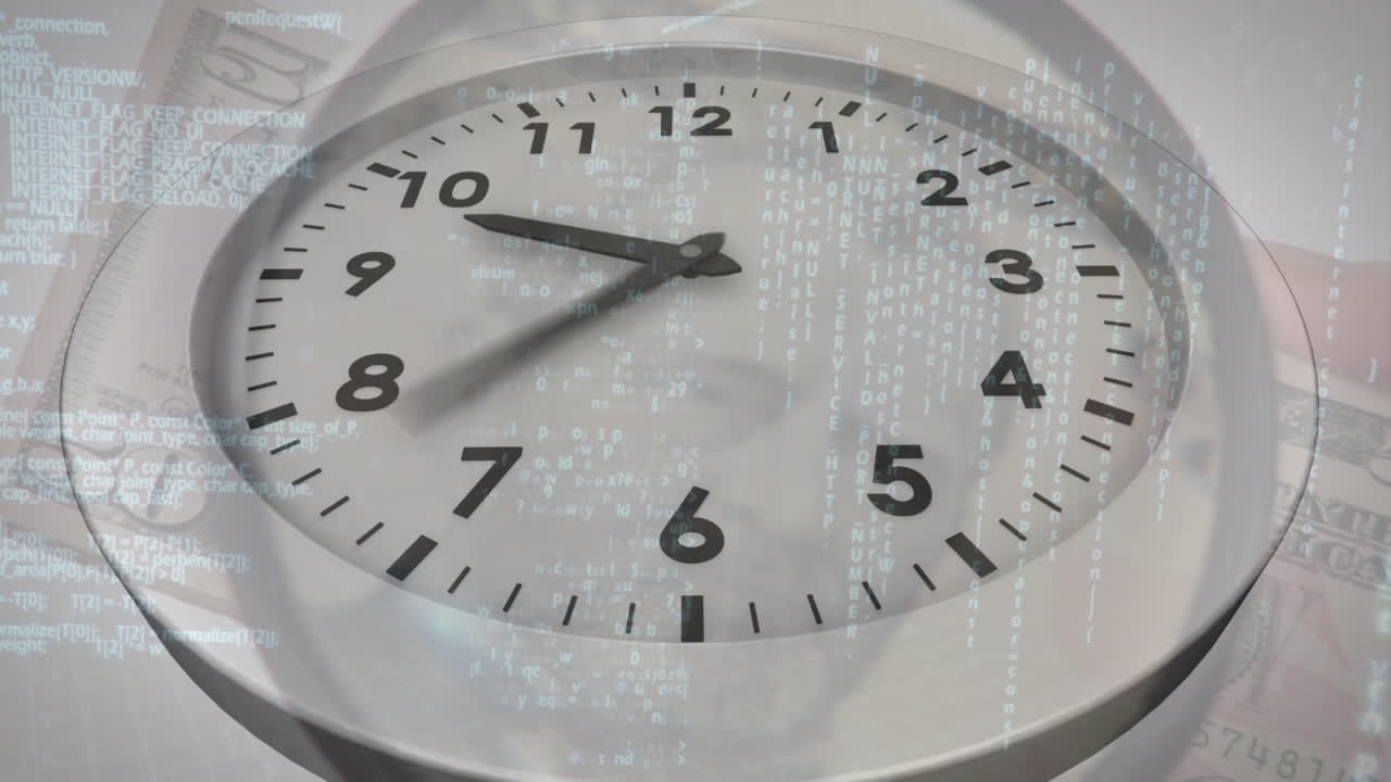 animación del reloj y la lupa sobre el billete de moneda del dólar estadounidense.