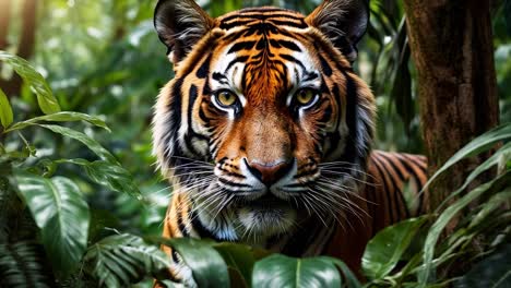 a close up of a tiger in the jungle looking at the camera