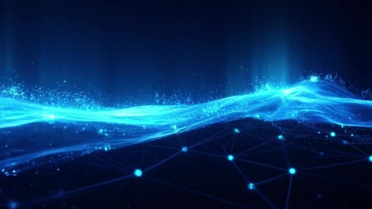 Sfondo astratto blu con onda digitale e connessione di rete