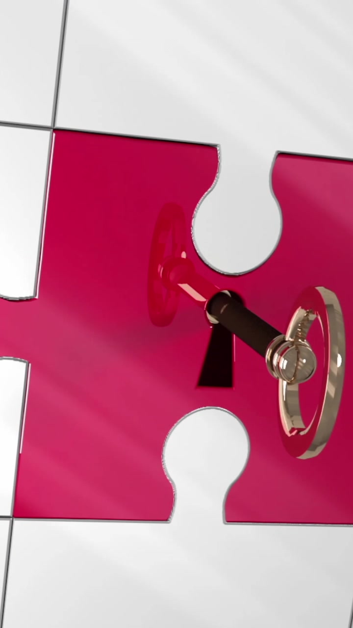 Animazione di una chiave che apre un puzzle su una donna caucasica con visore VR in ufficio.