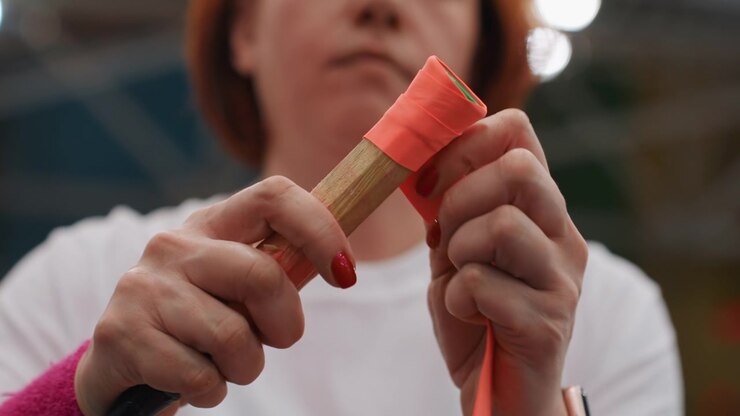Detailed sports scene. Player wrapping sport tape around racket handle meticulously in gym. Female athlete preparing her badminton racket with fresh grip tape before training session