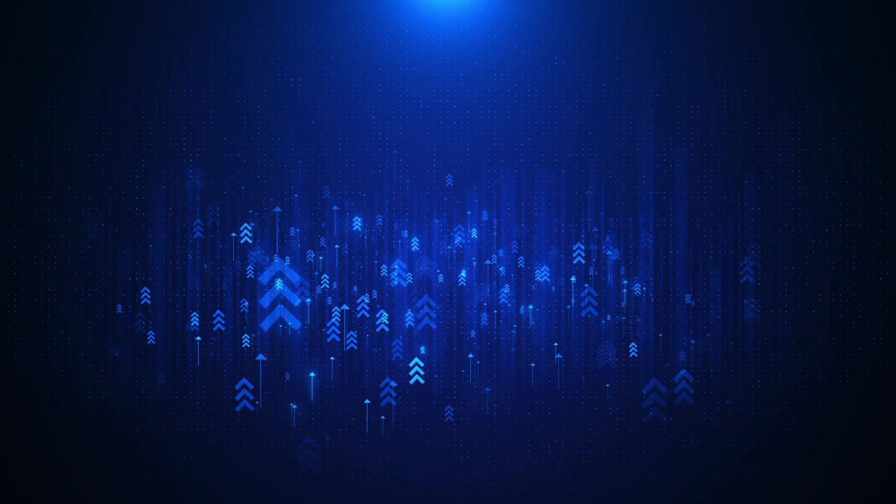 Blue arrow growth technology background rising symbols digital dots data streams futuristic space