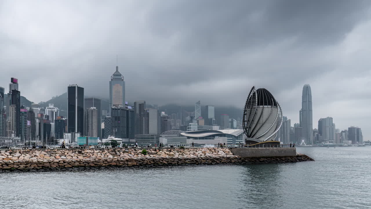 Cloudy day harbor view of Hong Kong skyline from Coast Park Precinct