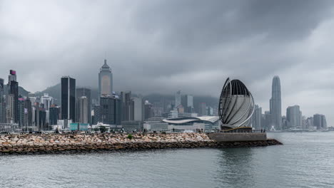 cloudy day harbor view of hong kong skyline from coast park precinct