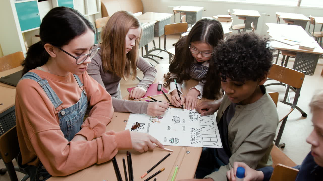 Students collaborating on a science project about ecosystems in a classroom