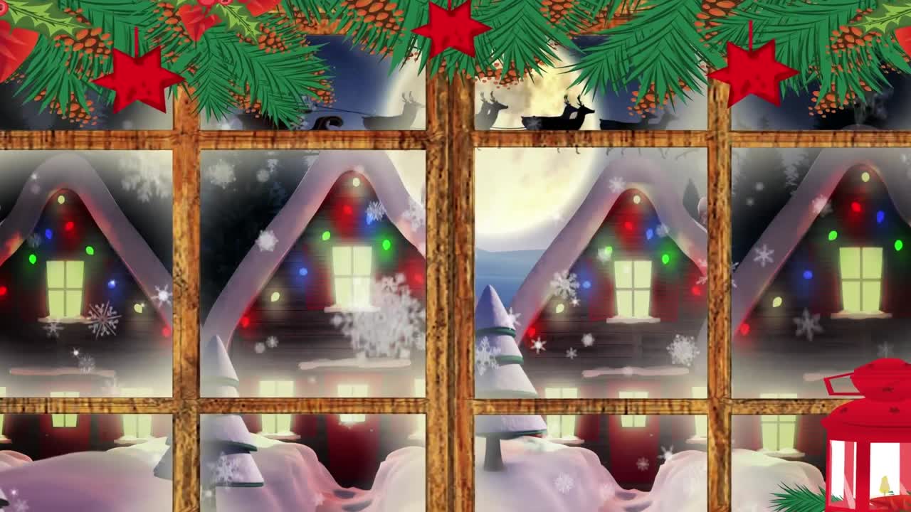사 ⁇  과 함께  ⁇ 매 를 타고 있는 산타 와 함께 겨울 풍경 의 애니메이션
